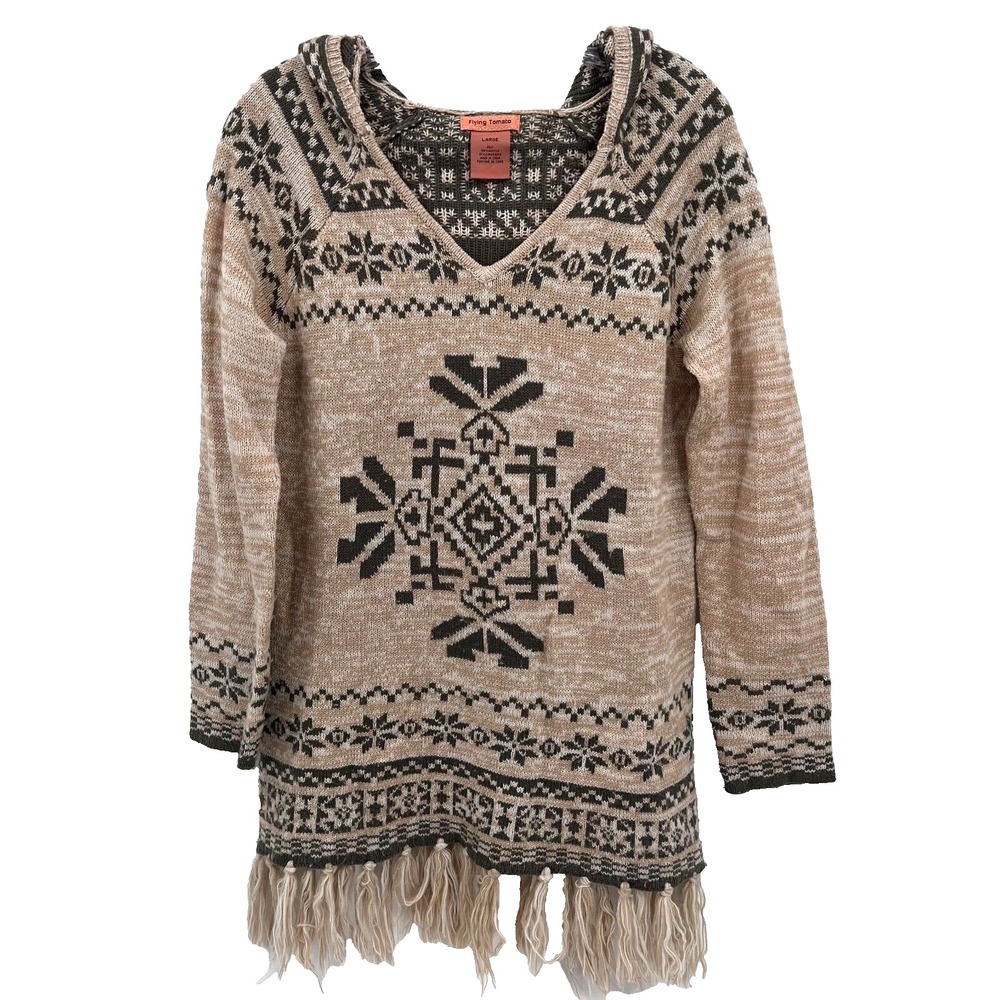 FLYING TOMATO Women's L Aztec Tribal Southwest V-Neck Fringe-Hem Hooded Sweater